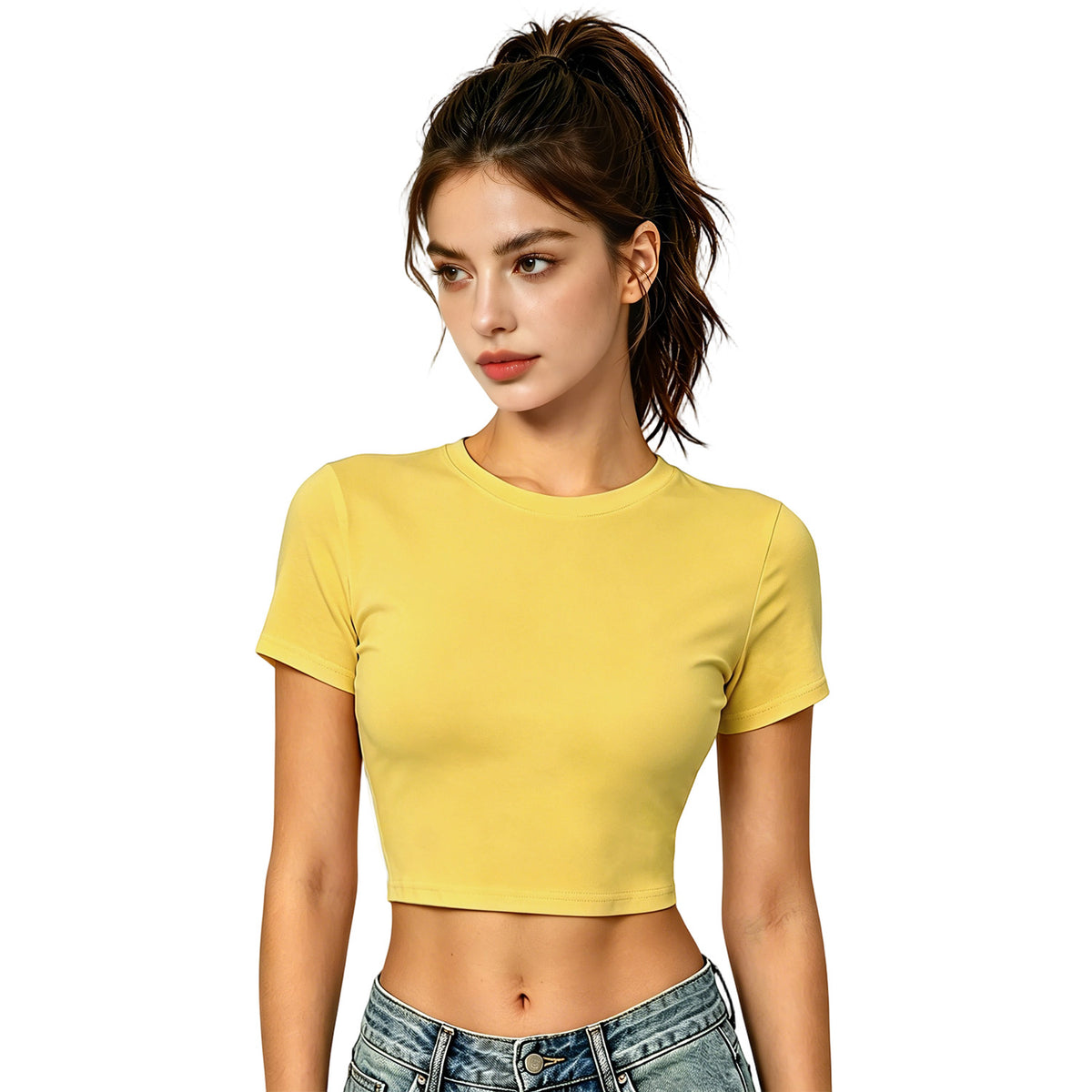 Hot girl elastic exposed navel female T-unprinted (CA-2 factory in the United States)
