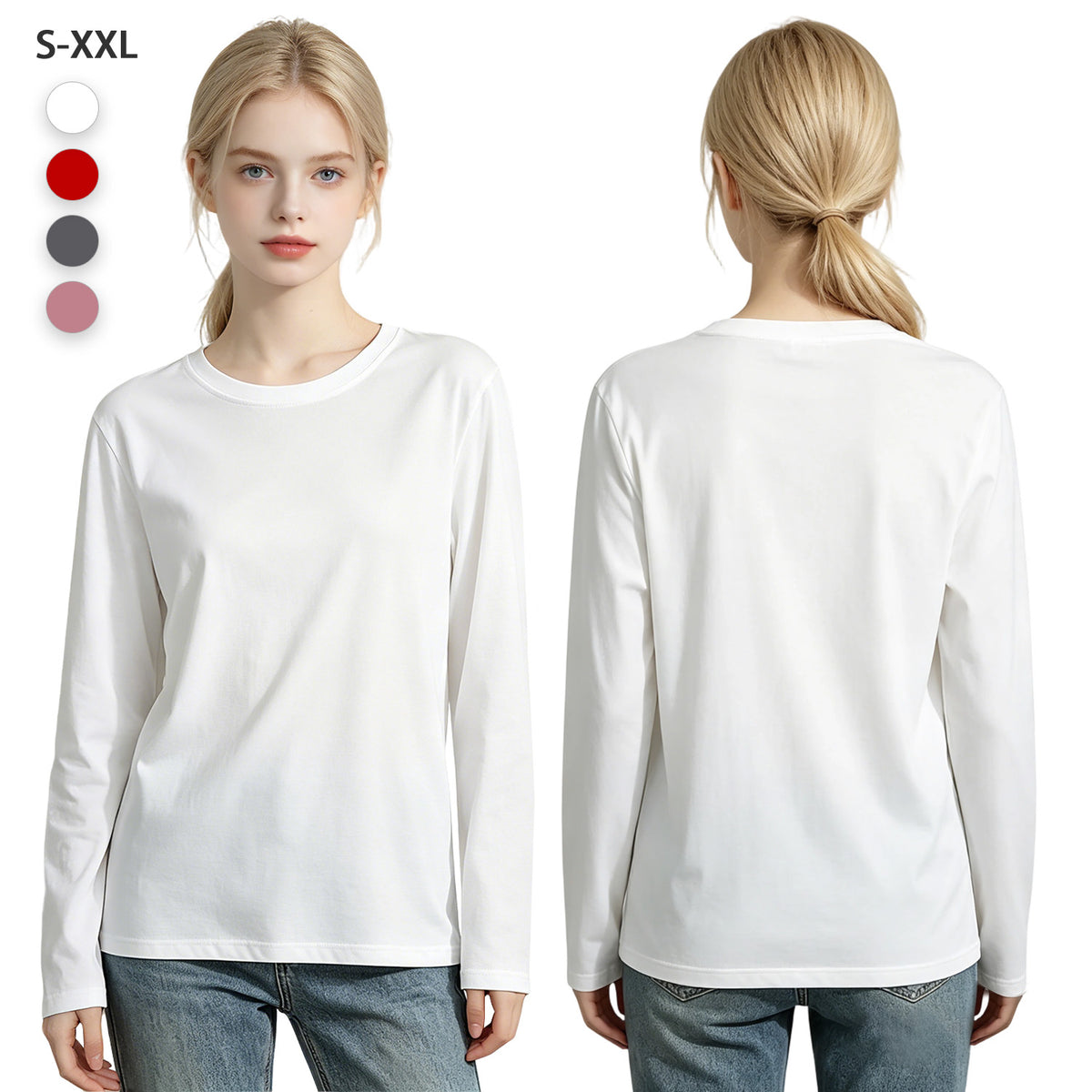 Women's Four Color Round Neck Long Sleeve T-shirt - Double (CA Factory 02, USA)