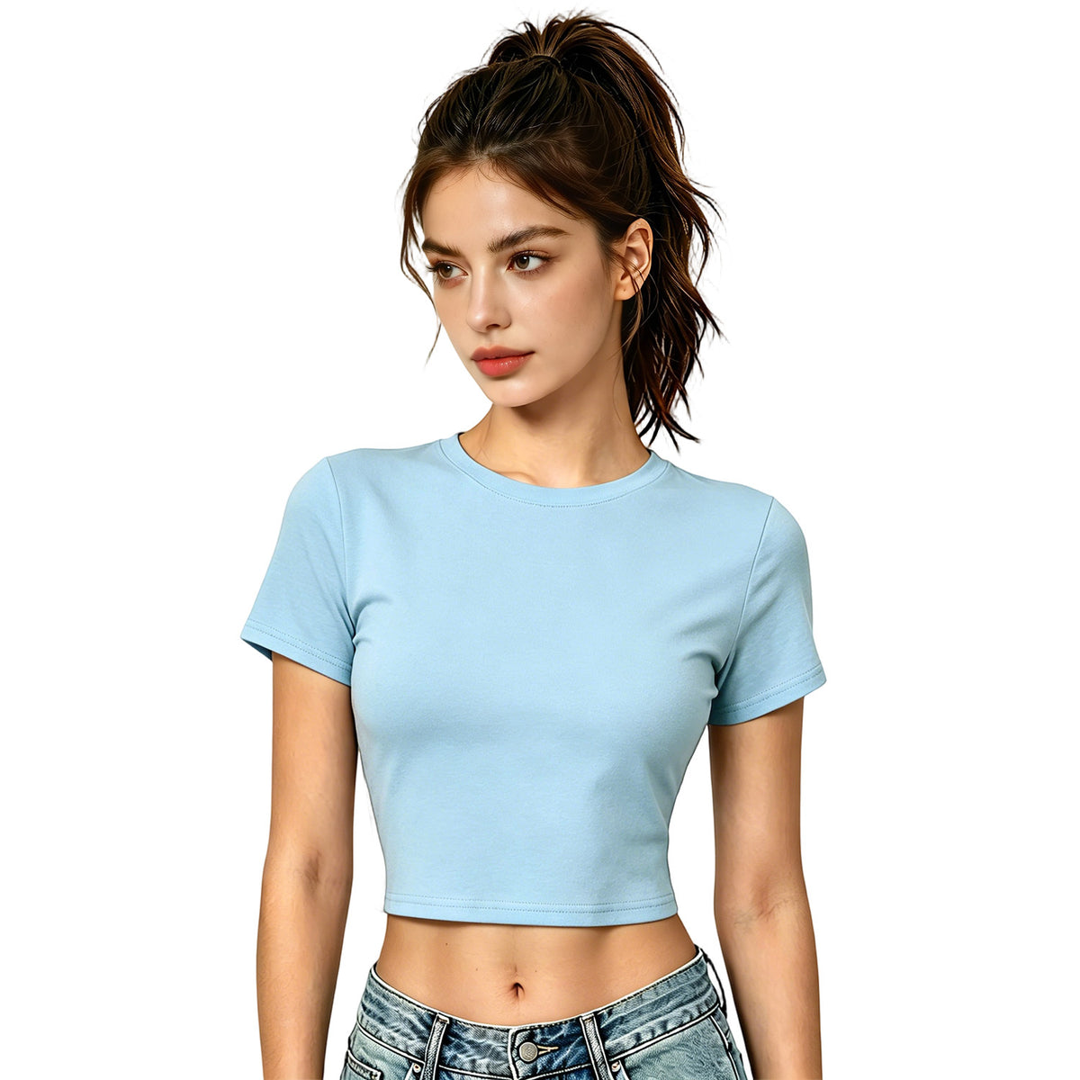 Hot girl elastic exposed navel female T-unprinted (CA-2 factory in the United States)